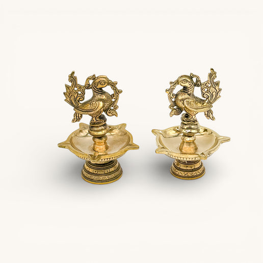 Brass Peacock Oil Diya (5 wick) Set of 2