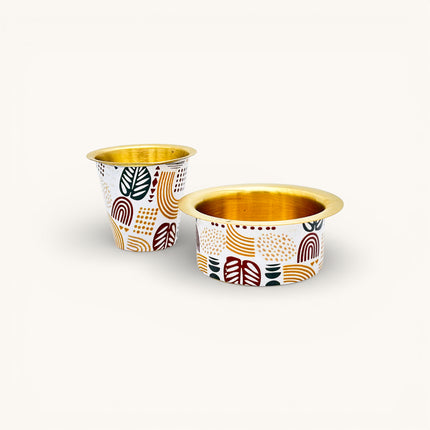 Brass Coffee Tumbler Set with Printed Tropical Design - Brass Tea Cup & Katori Set