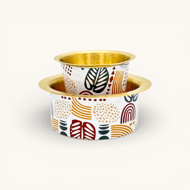 Brass Coffee Tumbler Set with Printed Tropical Design - Brass Tea Cup & Katori Set