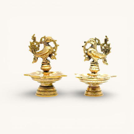 Brass Peacock Oil Diya (5 wick) Set of 2