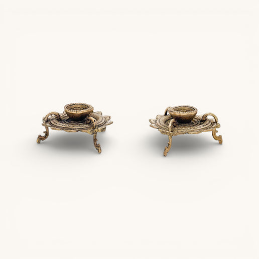 Brass Diya on Three Leg Lotus stand - Set of 2