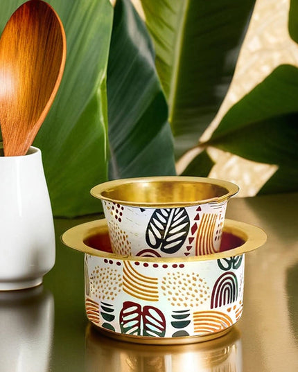 Brass Coffee Tumbler Set with Printed Tropical Design