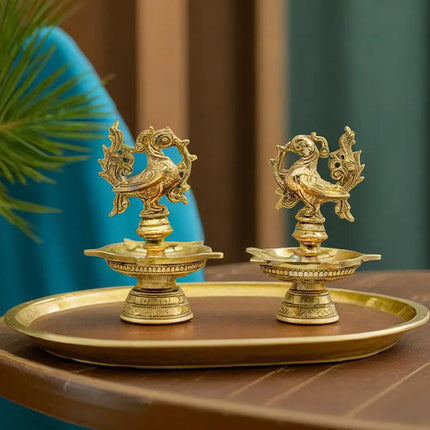 Brass Peacock Oil Diya (5 wick) Set of 2