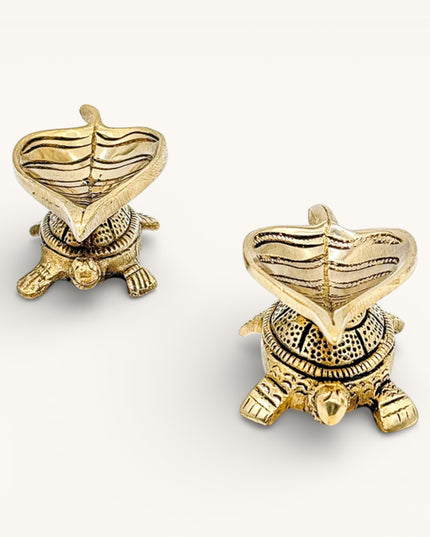 Brass Leaf Diya on Tortoise - Set of 2