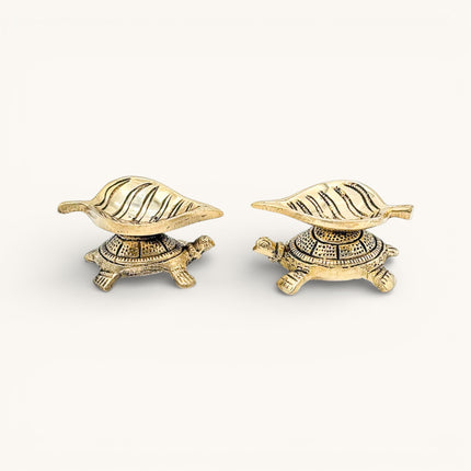 Brass Leaf Diya on Tortoise - Set of 2