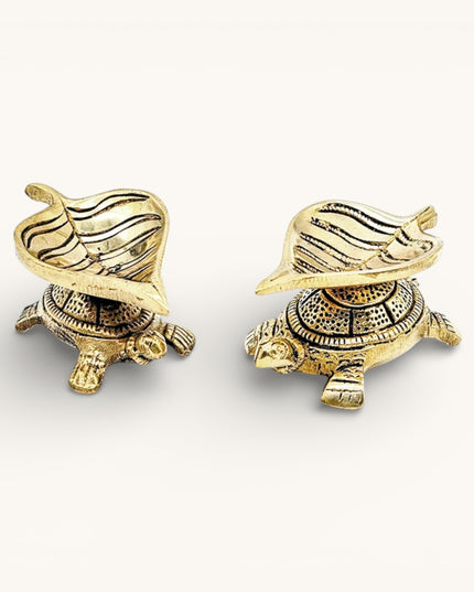 Brass Leaf Diya on Tortoise - Set of 2