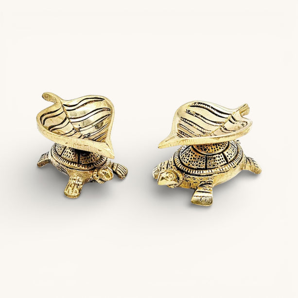 Brass Leaf Diya on Tortoise - Set of 2