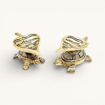 Brass Leaf Diya on Tortoise - Set of 2