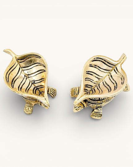 Brass Leaf Diya on Tortoise - Set of 2
