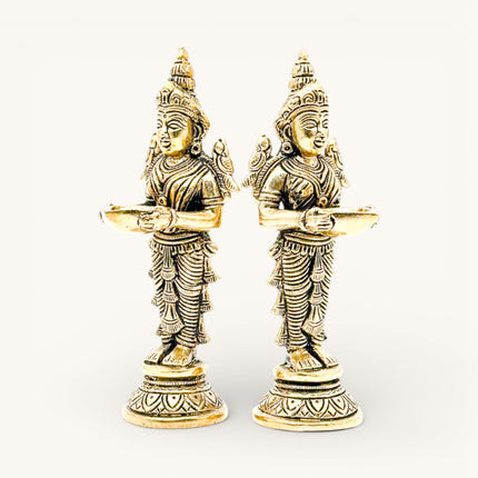 Brass Standing Lady with Diya (Set of 2)