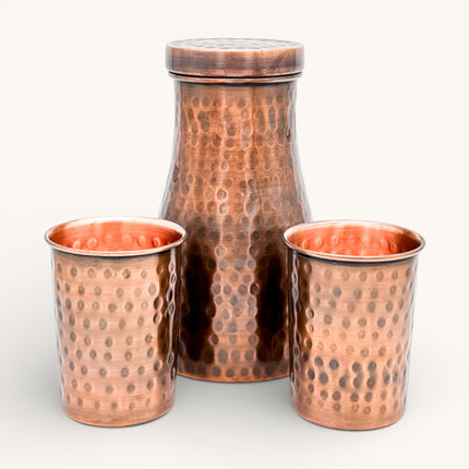 Copper Antique Hammered Jar with 2 Glasses (Set)