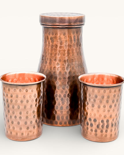 Copper Antique Hammered Bedroom Jar with 2 Glasses (Set)