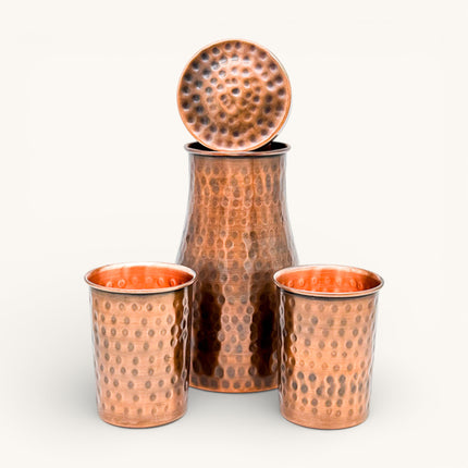 Copper Antique Hammered Jar with 2 Glasses (Set)