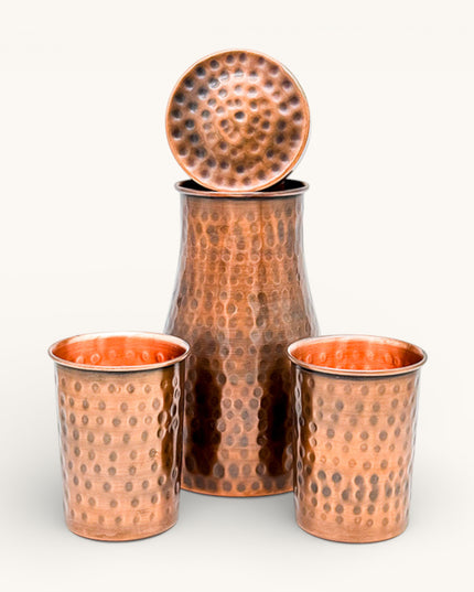 Copper Antique Hammered Bedroom Jar with 2 Glasses (Set)
