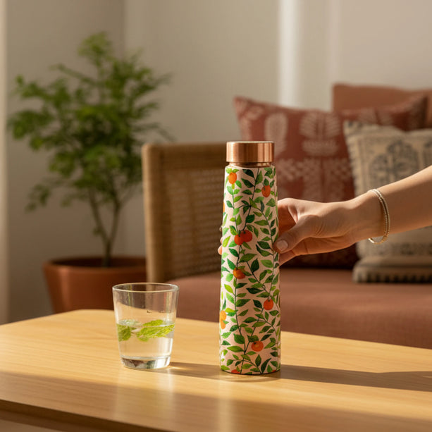 Tapered Copper Bottle with Printed Leaves (Green)