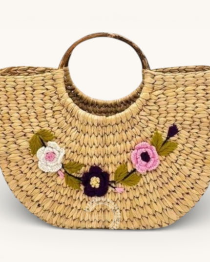 Eco-Friendly Handmade Basket with Pink Floral Embroidery