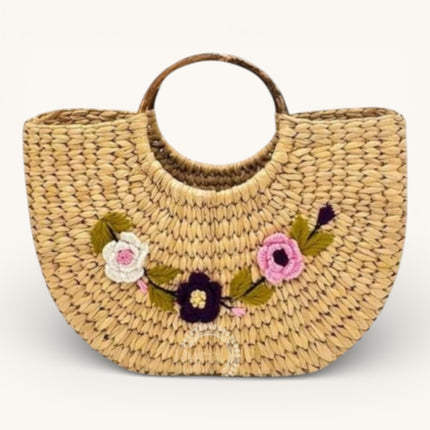 Eco-Friendly Woven Handmade Basket with Floral Embroidery