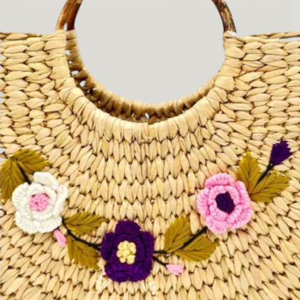 Eco-Friendly Woven Handmade Basket with Floral Embroidery