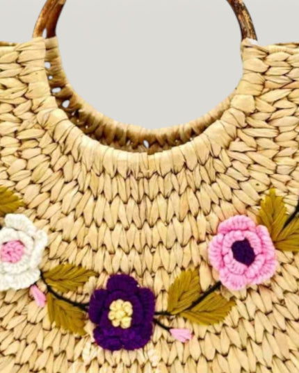 Eco-Friendly Handmade Basket with Pink Floral Embroidery