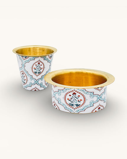 White and Red floral Brass coffee Tumbler Set