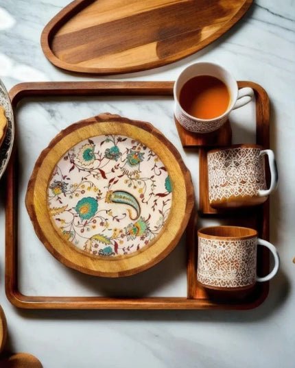 Rustic Floral Print Wooden Tray with Natural Bark Edges