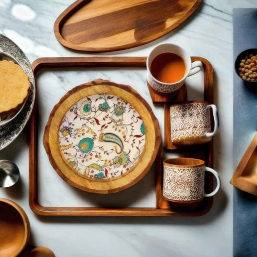 Rustic Floral Print Wooden Tray with Natural Bark Edges