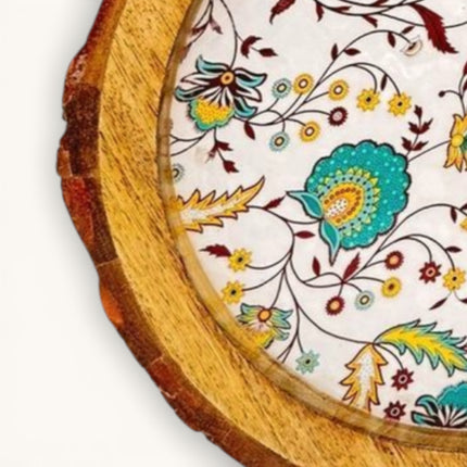Rustic Floral Print Wooden Tray with Natural Bark Edges