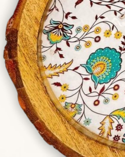 Rustic Floral Print Wooden Tray with Natural Bark Edges