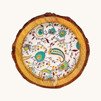 Rustic Floral Print Wooden Tray with Natural Bark Edges