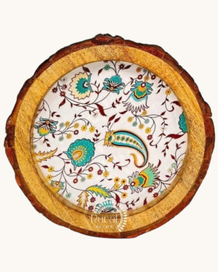 Rustic Floral Print Wooden Tray with Natural Bark Edges