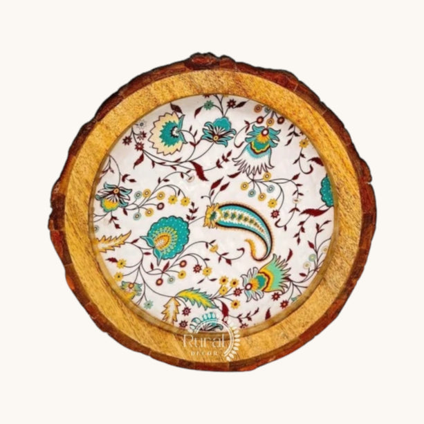 Rustic Floral Print Wooden Tray with Natural Bark Edges