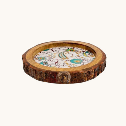 Rustic Floral Print Wooden Tray with Natural Bark Edges
