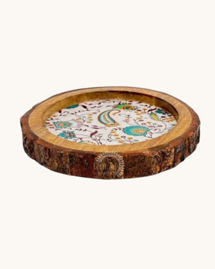 Rustic Floral Print Wooden Tray with Natural Bark Edges