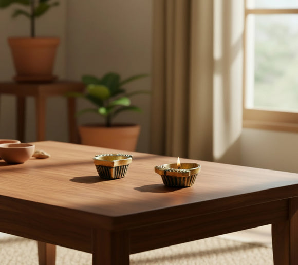 Brass Antique Mango Diya Small - Set of 2