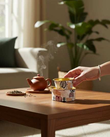 Brass Coffee Tumbler Set with Printed Tropical Design