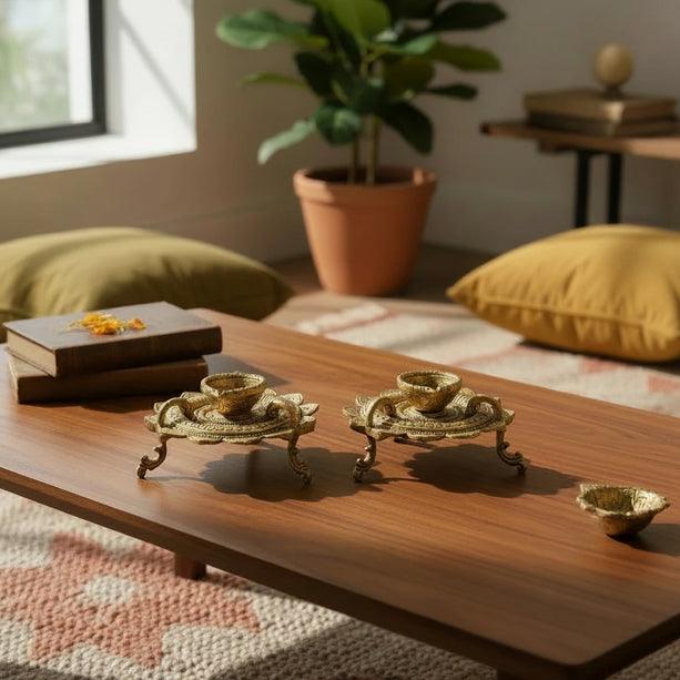 Brass Diya on Three Leg Lotus stand - Set of 2