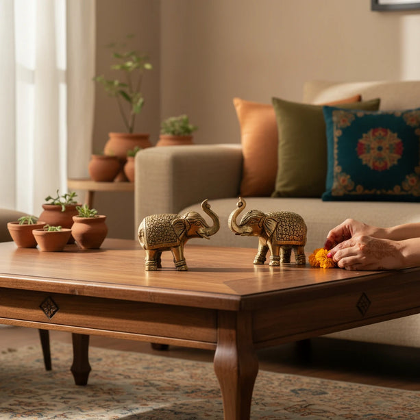 Brass Elephant with engraving Set of 2