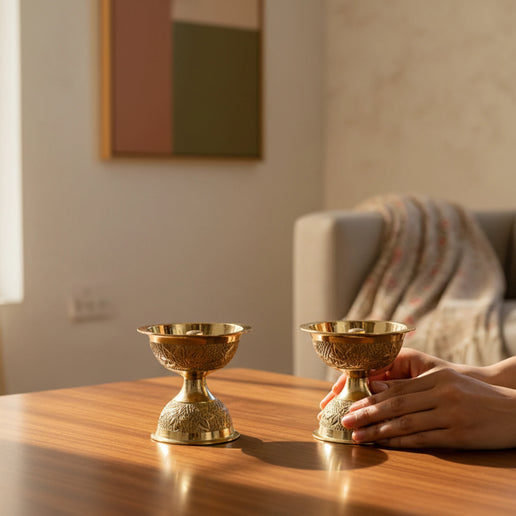 Brass Engraved Diya - Centre wick - set of 2 small