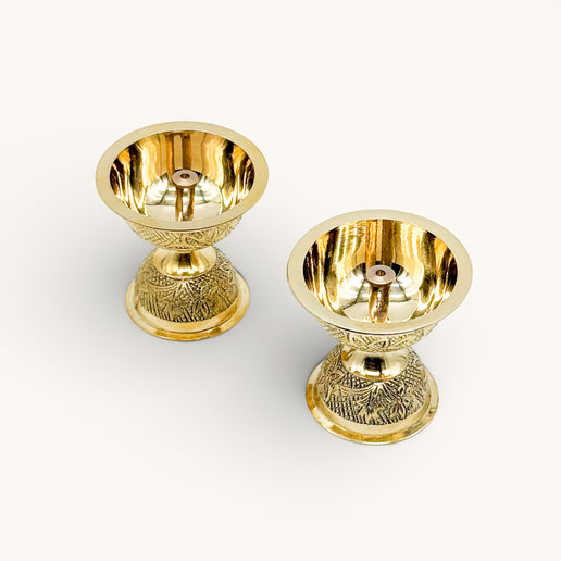 Brass Engraved Diya - Centre wick - set of 2 small