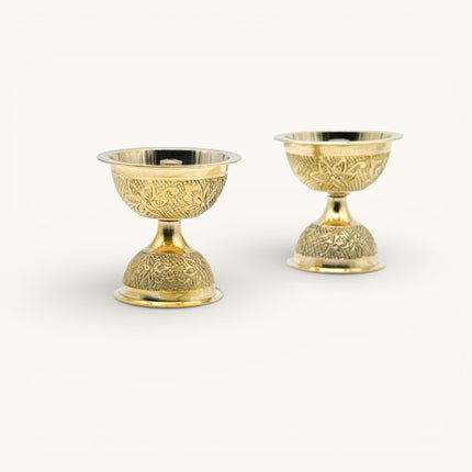 Brass Engraved Diya - Centre wick - set of 2 small