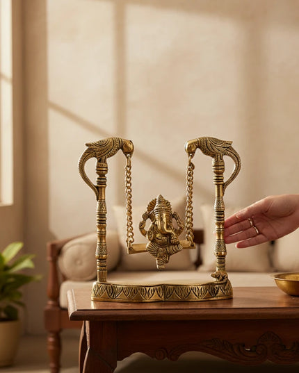 Brass Ganesha on Swing with Peacocks