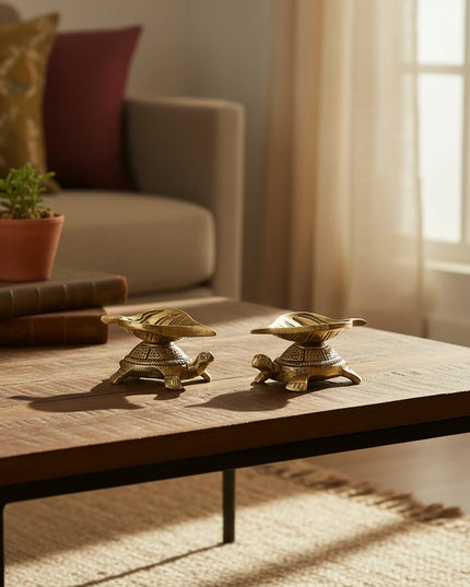 Brass Leaf Diya on Tortoise - Set of 2