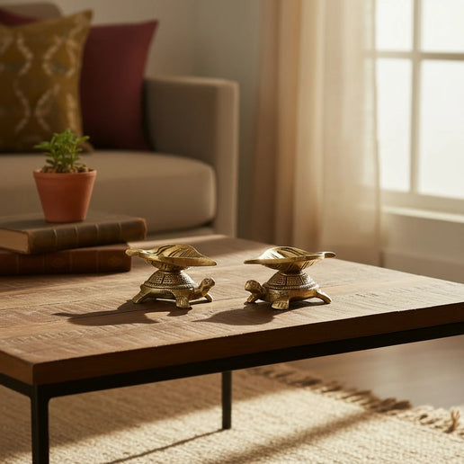Brass Leaf Diya on Tortoise - Set of 2