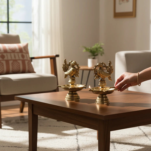 Brass Peacock Oil Diya (5 wick) Set of 2