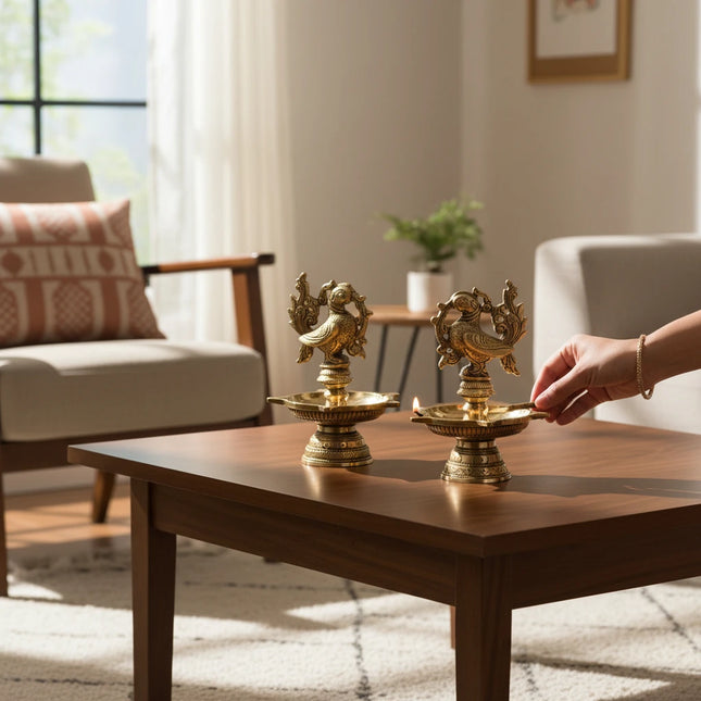 Brass Peacock Oil Diya (5 wick) Set of 2