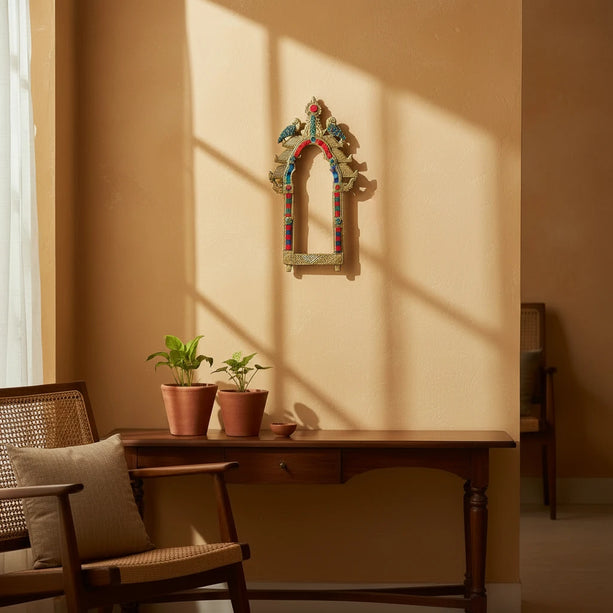 Peacock Prabhavali with Stone inlay - Brass Wall Frame, Large