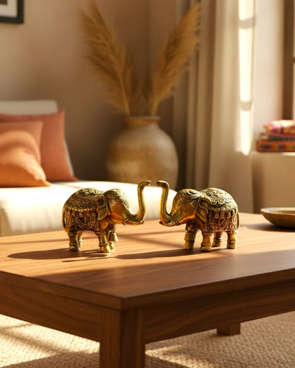 Brass Table Top Elephant with Bell - Set of 2