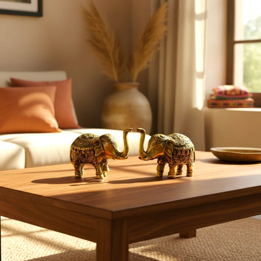 Brass Table Top Elephant with Bell - Set of 2