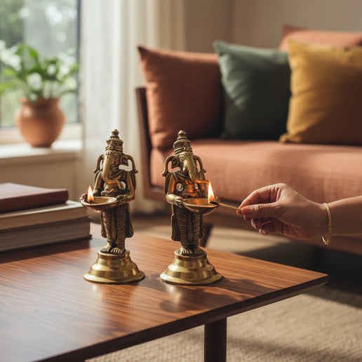 Brass Welcome Ganesha with Diya Set of 2