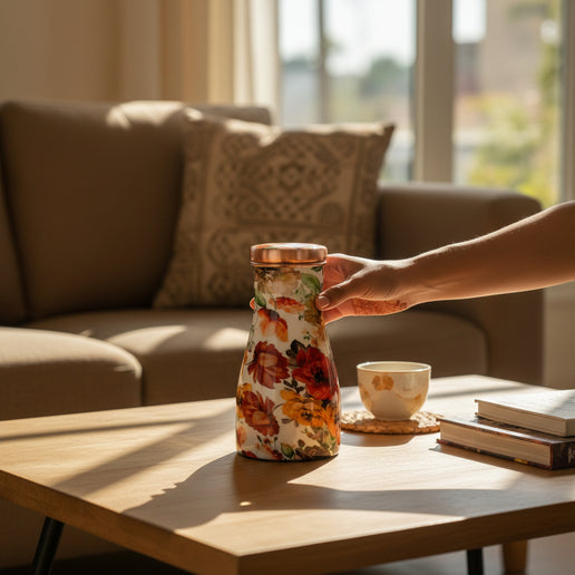 Copper Water Jar with Floral Enamel Print